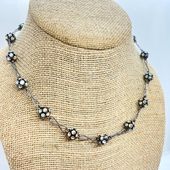 VINTAGE AB Aurora Borealis Crystal Disco Ball Necklace Gunmetal Station Choker - Picture 4 of 13